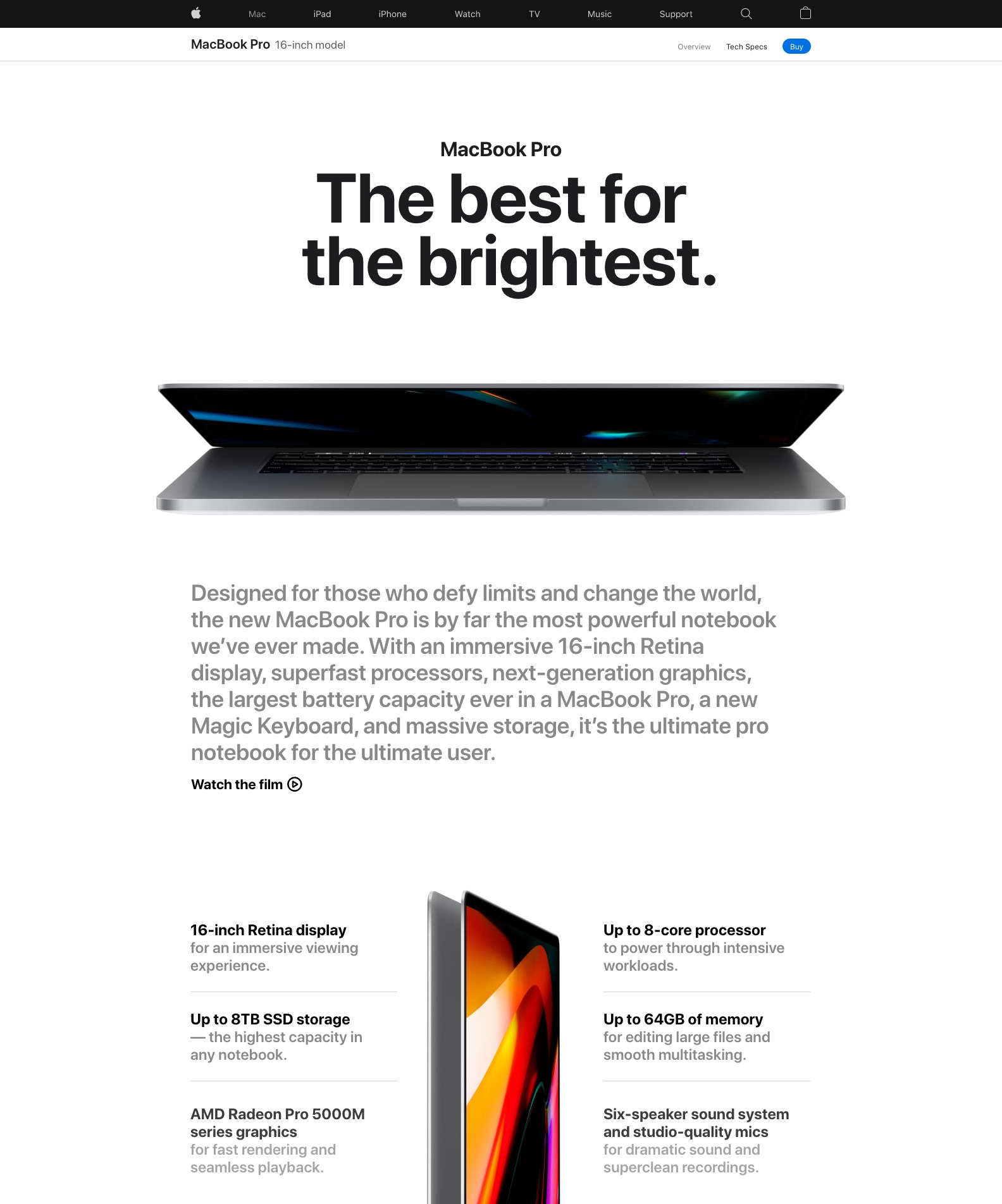 Apple's page for its MacBook Pro 16" model