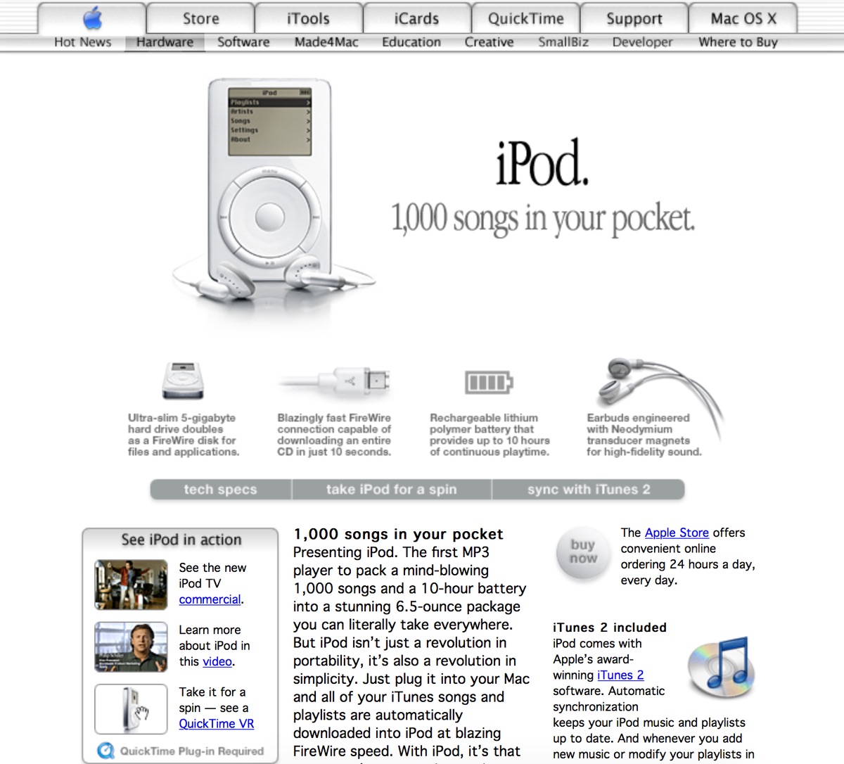 Apple's landing page for the original iPod, with its iconing tagline '1,000 songs in your pocket'