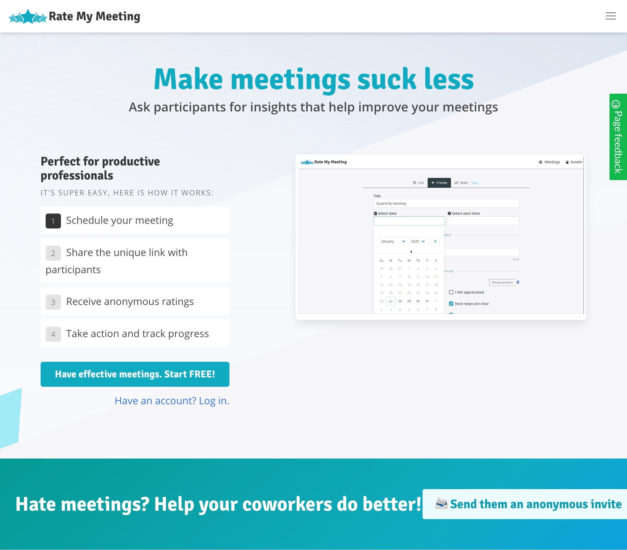 Screenshot of ratemymeeting.co with the headline 'Make Your Meetings Suck Less'