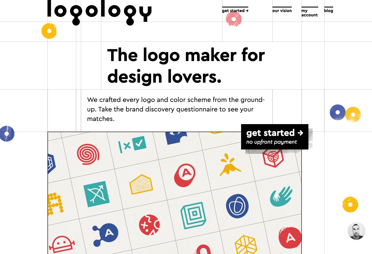 The top of the logology page shows off a variety of logo styles