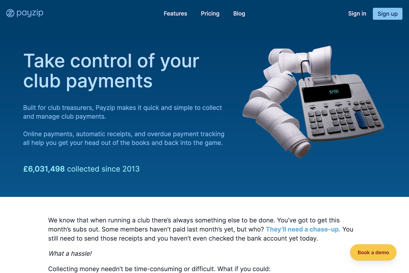 The top of Payzip's home page describes how it helps club treasurers take control of membership payments